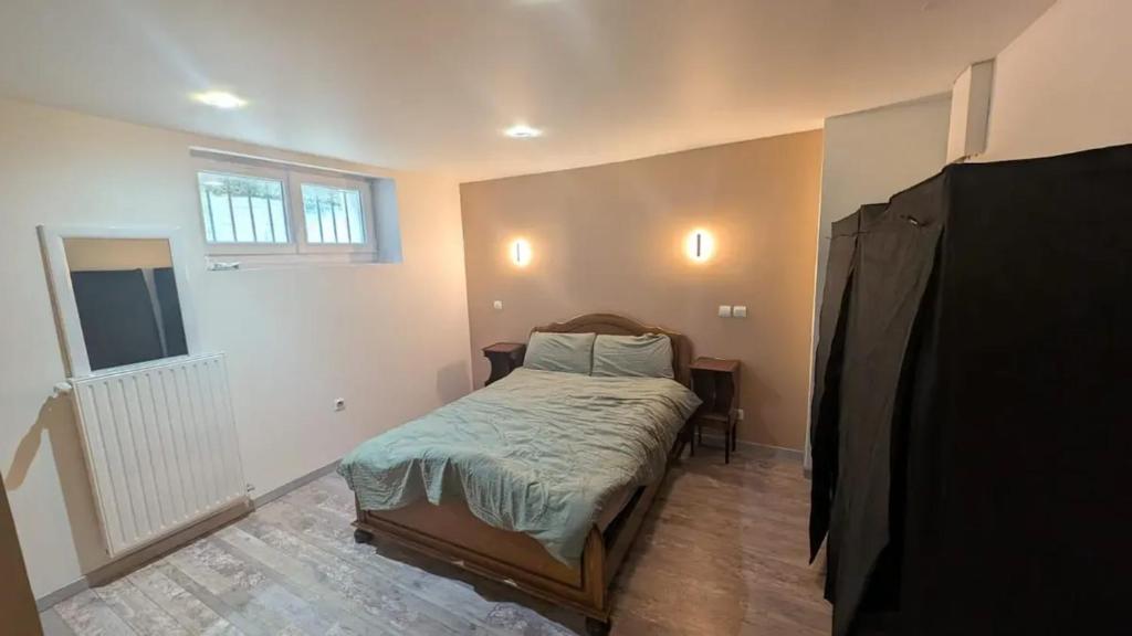 查内勒斯梅肯Appartement charmant à Charnay-lès-Mâcon avec jardin的一间带床和窗户的小卧室