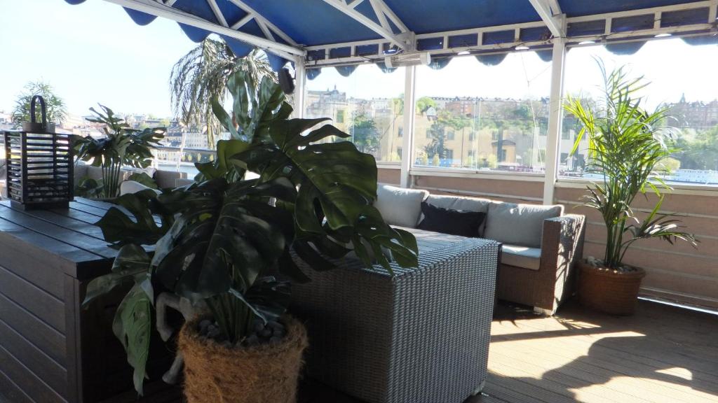 a living room with a couch and potted plants at Mälardrottningen Yacht Hotel in Stockholm