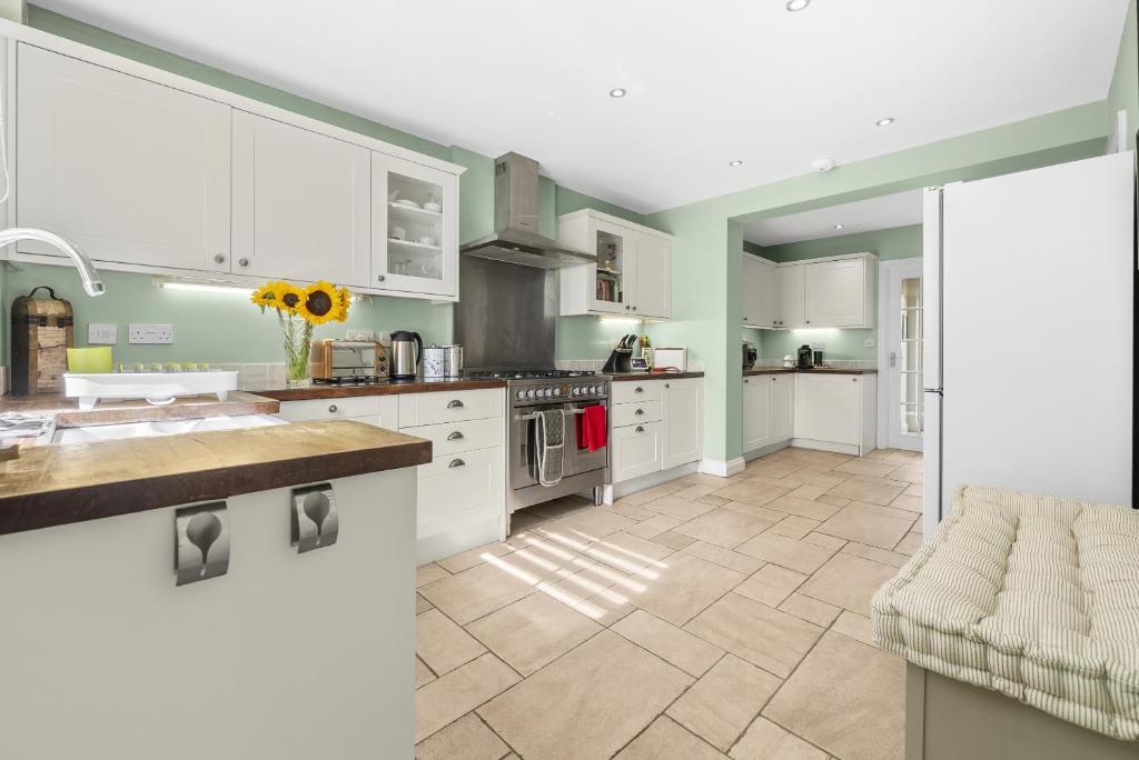 Deppers Bridge, 3 Bedroom Property的厨房设有绿色的墙壁和白色的橱柜。