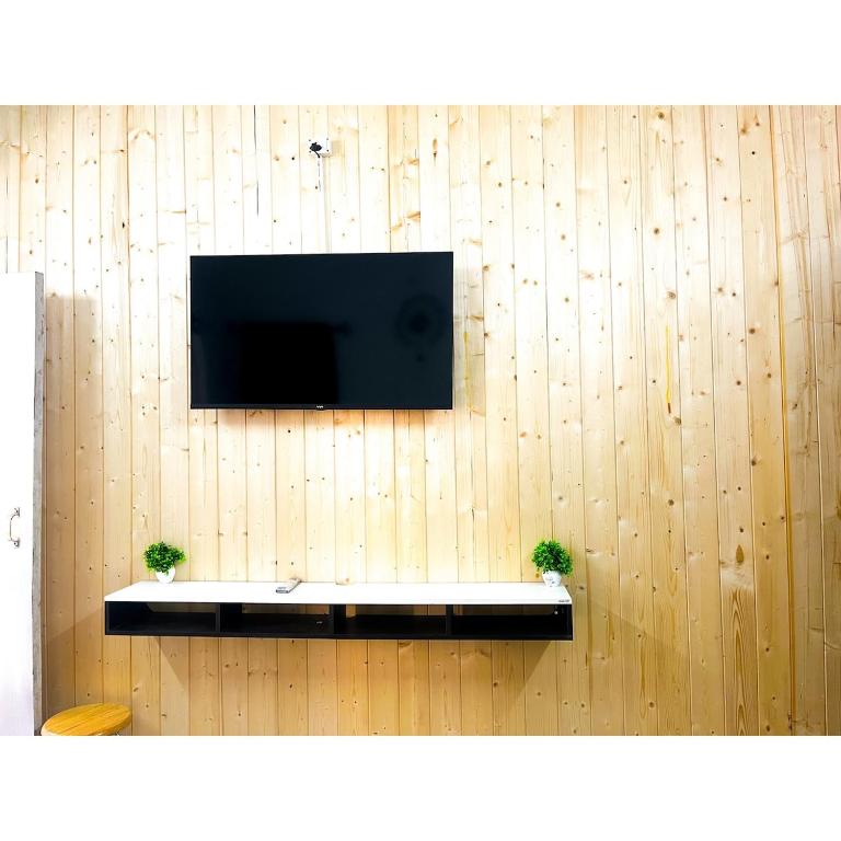 une télévision à écran plat sur un mur en bois avec deux plantes dans l'établissement Family & Couples Studio Kitchen, 2 King Beds, à Dehradun