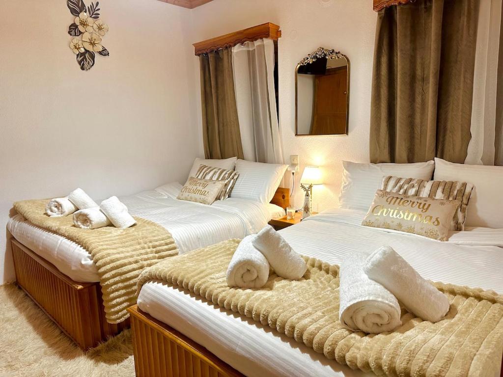 two beds in a bedroom with towels on them at Pindus Nest in Metsovo