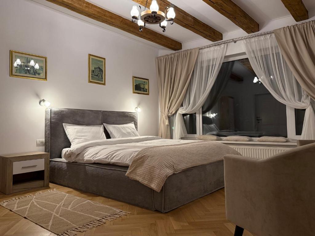 Un dormitorio con una cama grande y una ventana. en The Bucket - Calla Old Town with Jacuzzi, en Brasov