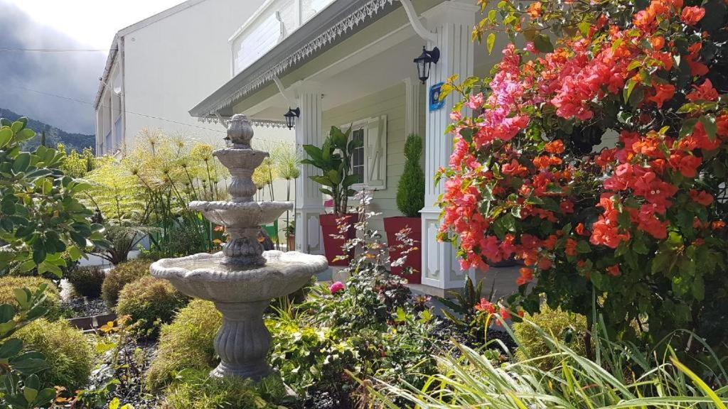 fontanna na środku ogrodu z kwiatami w obiekcie La belle créole w mieście Cilaos