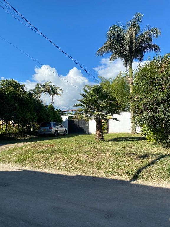 a car parked in a yard with palm trees at El Guadualito in Pitalito
