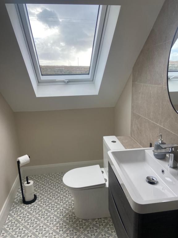 Derroogh2 Bedroom Apartment near Rossaveel的带马桶、水槽和窗户的浴室