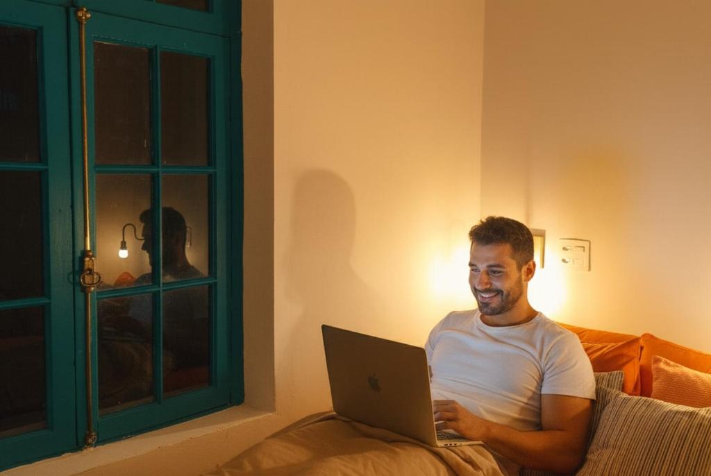 a man sitting on a bed using a laptop at Hobi Hotel Boutique - Bela Vista - Prox a Av Paulista in São Paulo