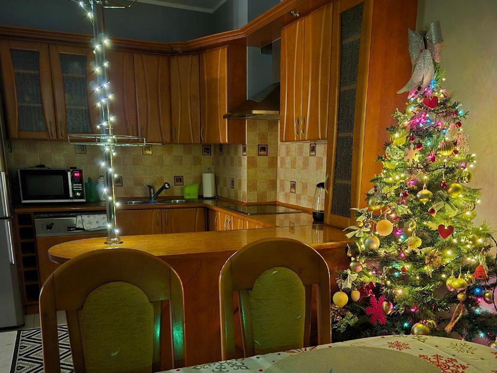a kitchen with a christmas tree in the kitchen at Apartament z tarasem Zeta Park in Ustroń