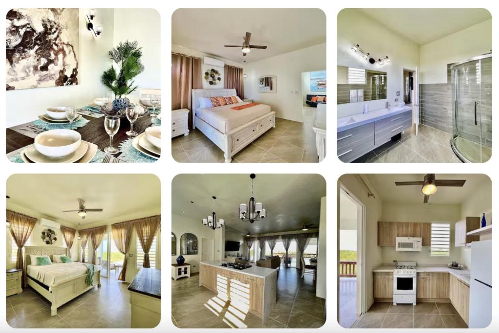 a collage of four pictures of a living room and kitchen at Zirok Villas in The Valley