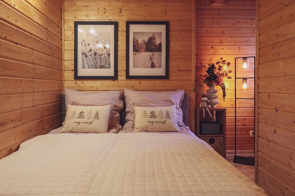 una camera da letto con un letto e due quadri sul muro di Dom to za mało ! Jacuzzi boiska plac zabaw ognisko a Borzestowo