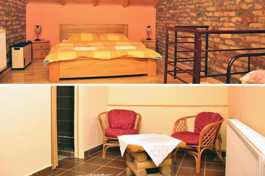een slaapkamer met een bed en 2 stoelen en een tafel bij Guest house Pikec in Bezdan