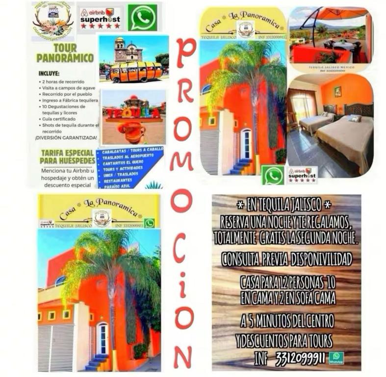 un volantino per una casa con palme di 4minutos al centro PARA 12, personas 10 en cama y 2en sofa En Promoción a Tequila