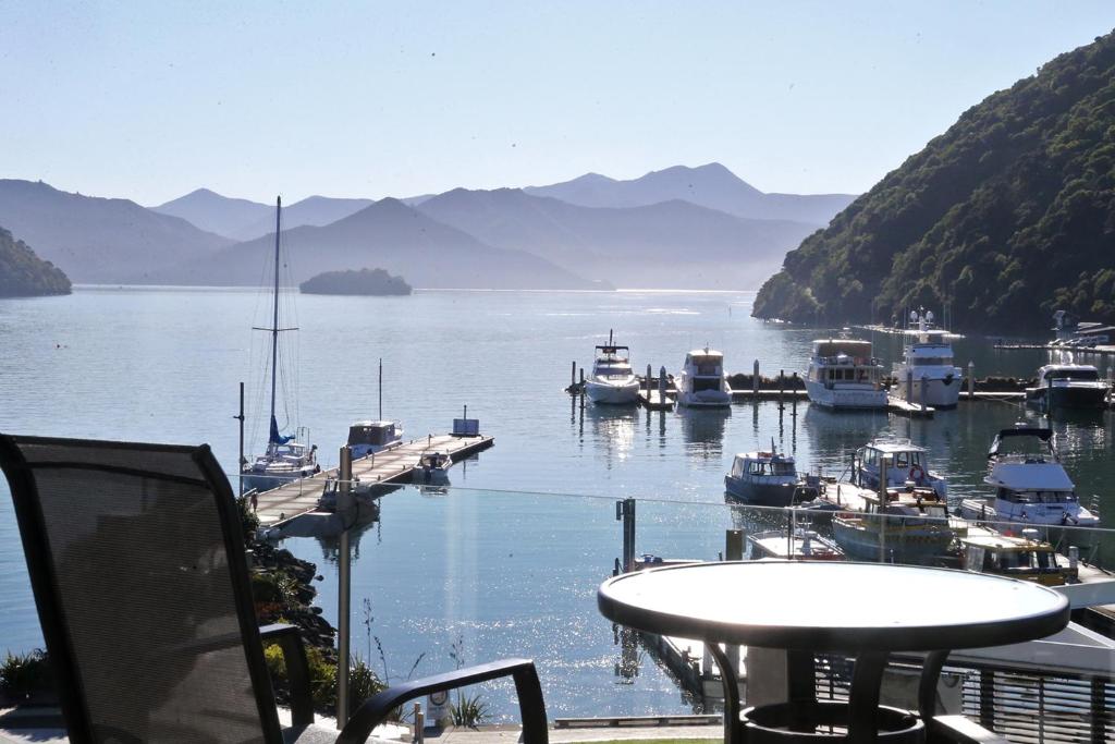 a view of a marina with boats in the water at Picton Waterfront Apartments in Picton