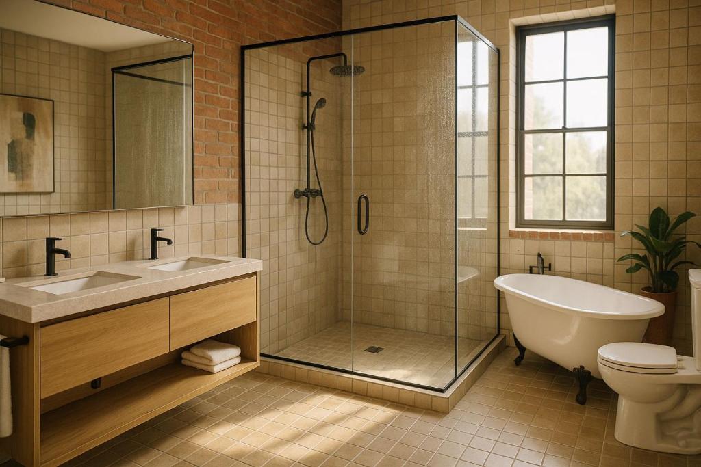 ein Badezimmer mit einer Dusche, einer Badewanne und einem WC in der Unterkunft Remsyatan Viuse in Abuja