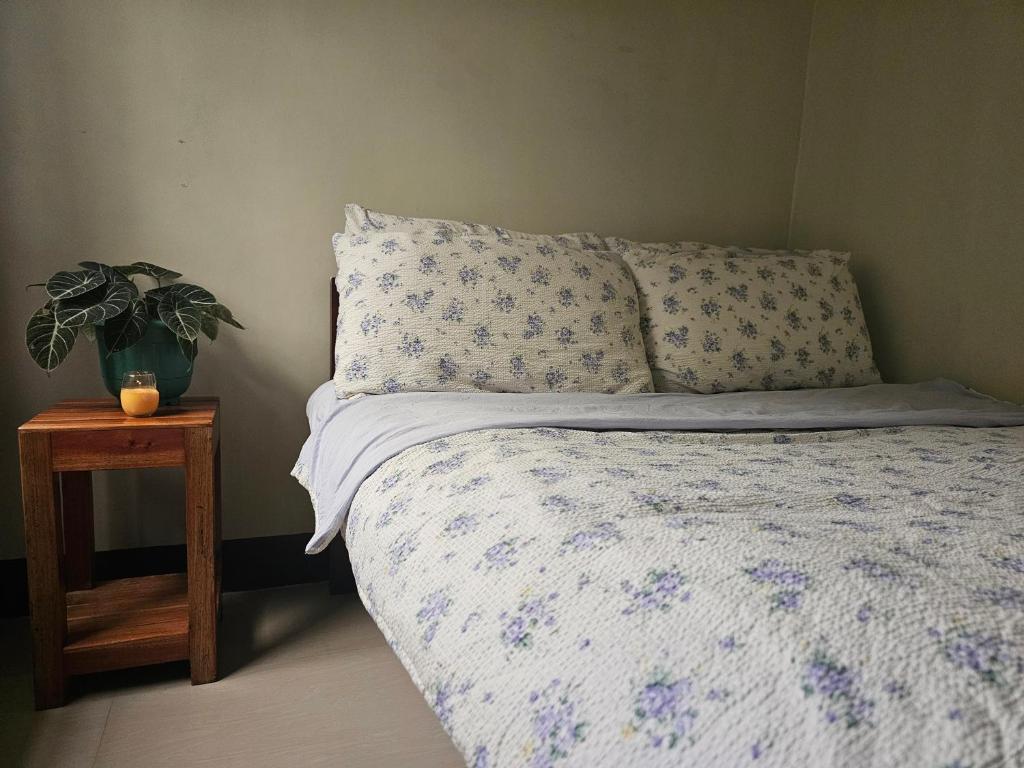 een bed met een kussen en een plant op een tafel bij Westlinehomestay in Puerto Princesa City