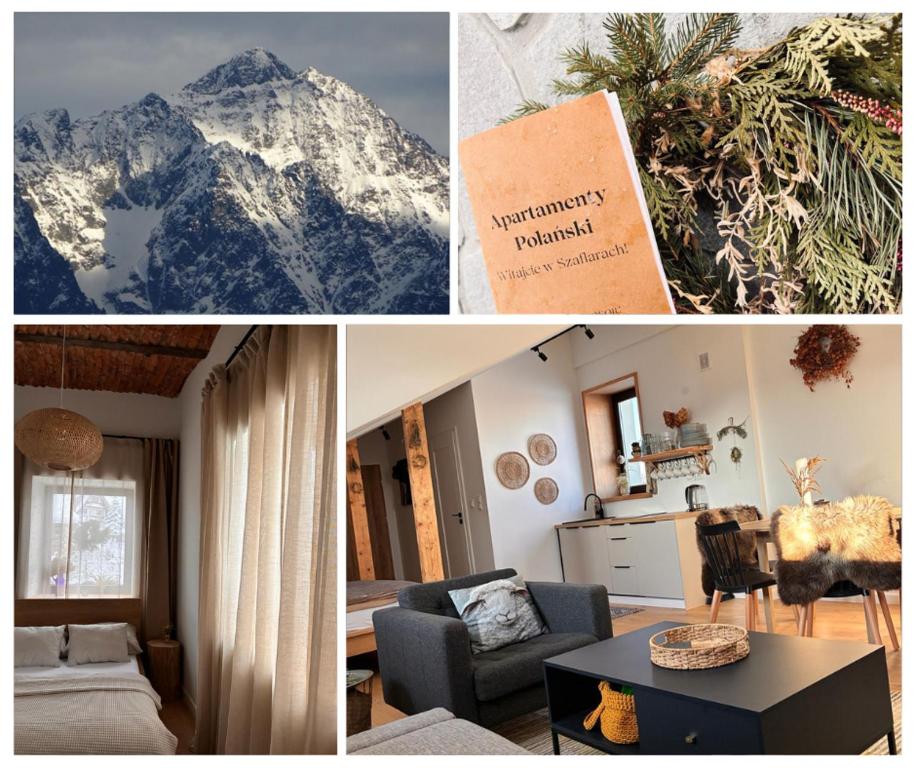 斯扎法拉瑞Apartamenty Polański Termalne Szaflary - Gorący Potok i Termy Szaflary 20 procent rabat的一张由客厅和山景照片拼贴而成的图片。