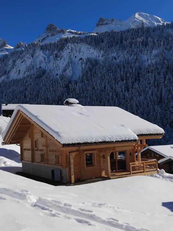 una baita con la neve sul tetto di Le balcon de la pointe percée a Le Grand-Bornand