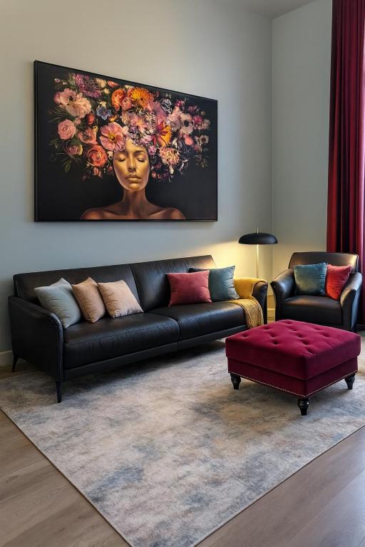 科堡Innenstadtoase Coburg的客厅里有一张黑色沙发和一幅画