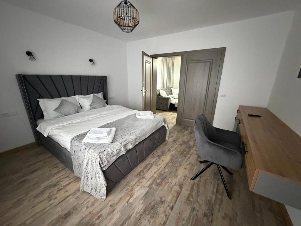 ein Schlafzimmer mit einem Bett, einem Schreibtisch und einem Stuhl in der Unterkunft Pensiunea Seraris in Voineasa