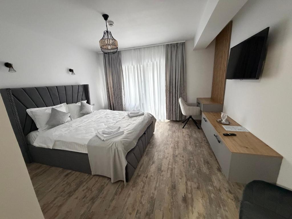 una habitación de hotel con una cama y un escritorio en Pensiunea Seraris, en Voineasa