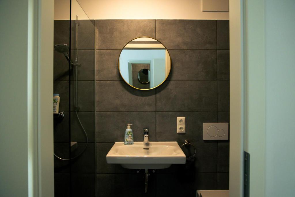 班贝格BM Rooms Innenstadt - Große Moderne City Apartments mit eigenem Bad im Herzen der Stadt的浴室里有洗手池和镜子