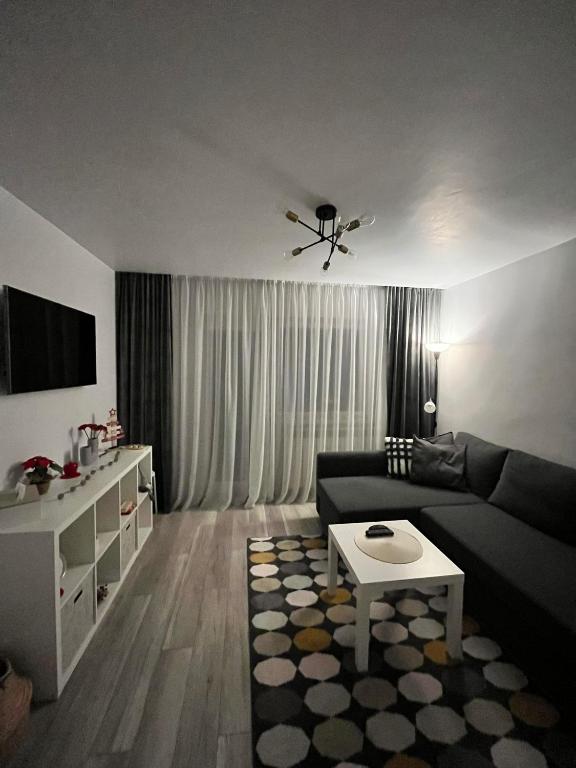 a living room with a couch and a table at Spania Studio in Craiova
