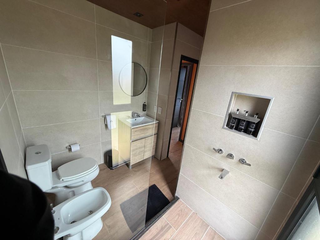 ein Badezimmer mit Toilette, Waschbecken und Spiegel in der Unterkunft Finca Ocho Cerros in Tornquist