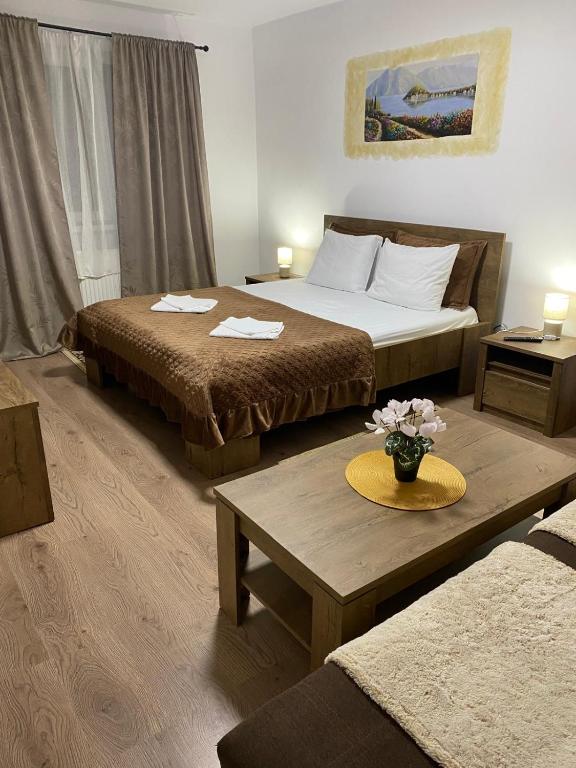 een hotelkamer met twee bedden en een tafel bij Lemora Apartments 3 in Văleni