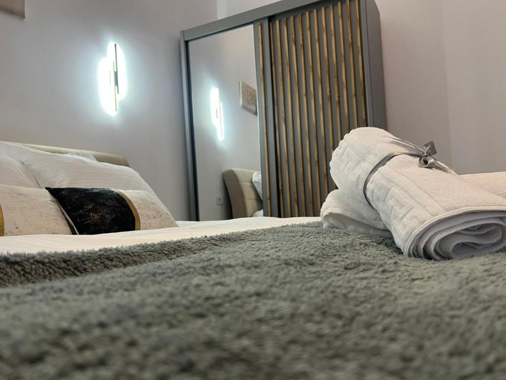 ein Schlafzimmer mit zwei Betten und einem großen Spiegel in der Unterkunft Uniri Urban Escape 103 in Craiova