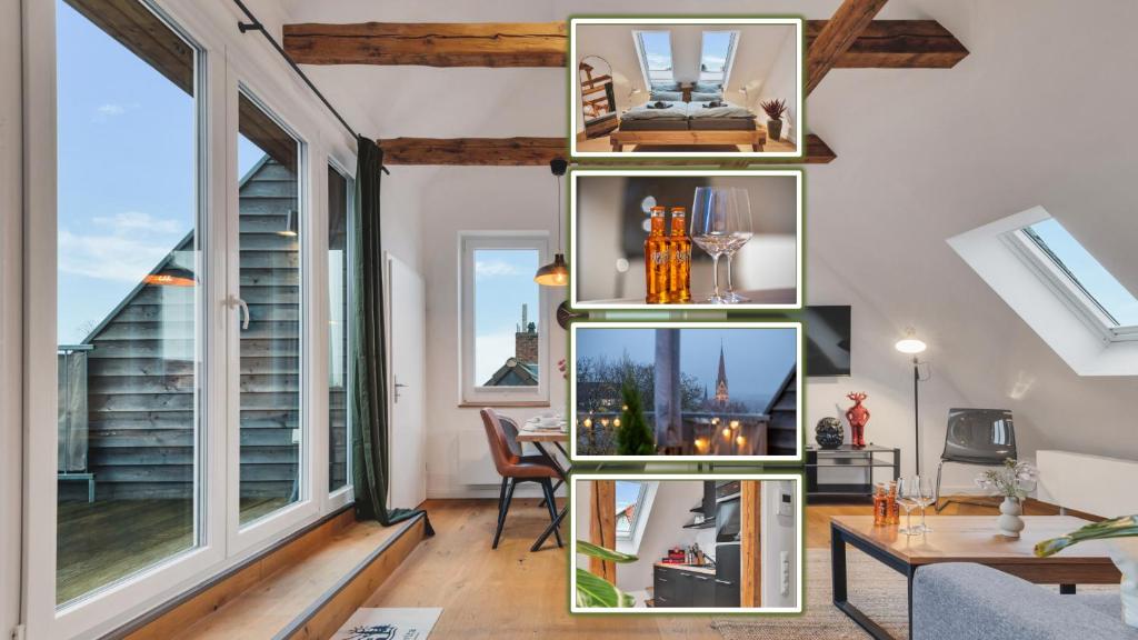 a living room with large windows and a table at Novita apartment 2 - central - balcony - mountain views in Bad Harzburg