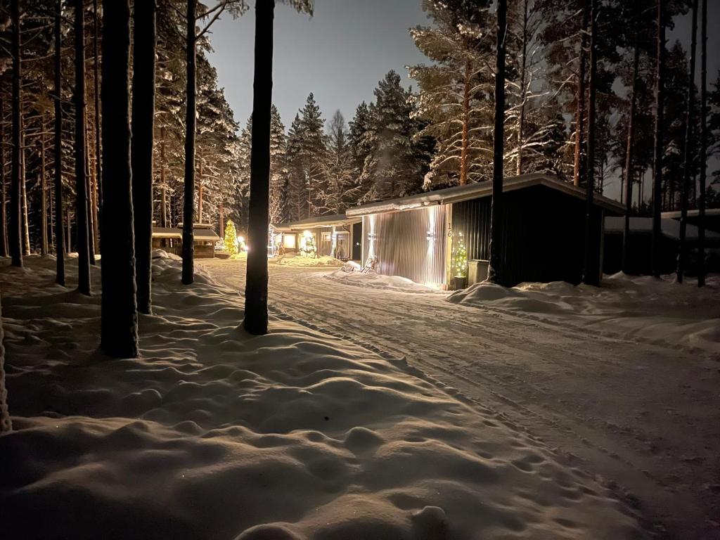 ein Haus im Schnee bei Nacht in der Unterkunft Villa Väinölä, tilaa rauhoittua in Alavus