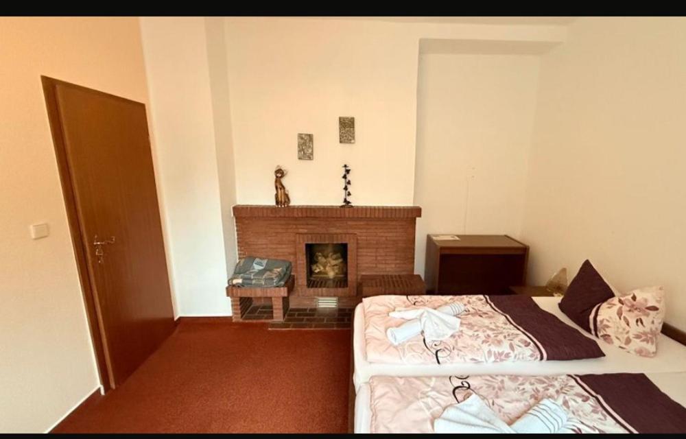 Un dormitorio con una cama y una chimenea. en Mont47, en Syrau