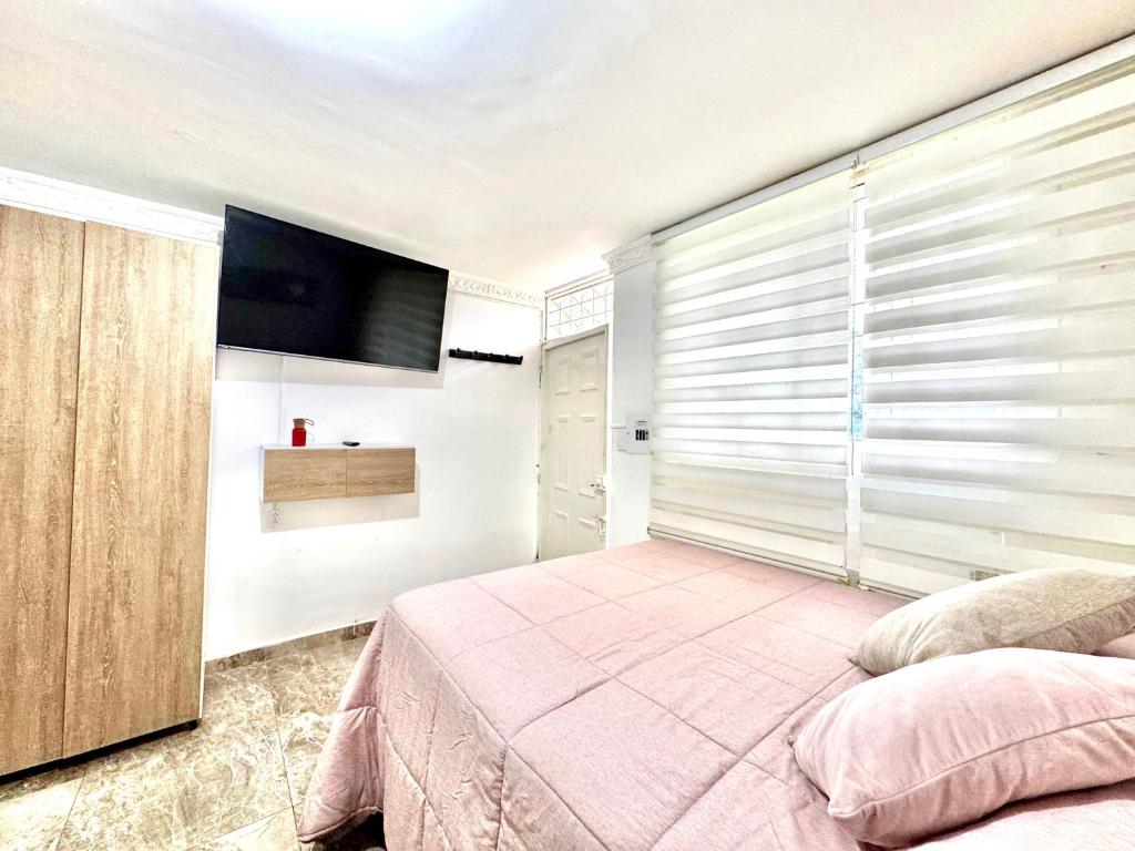 a bedroom with a bed and a flat screen tv at Acogedor studio frente al parque - Cerca de todo in Floridablanca