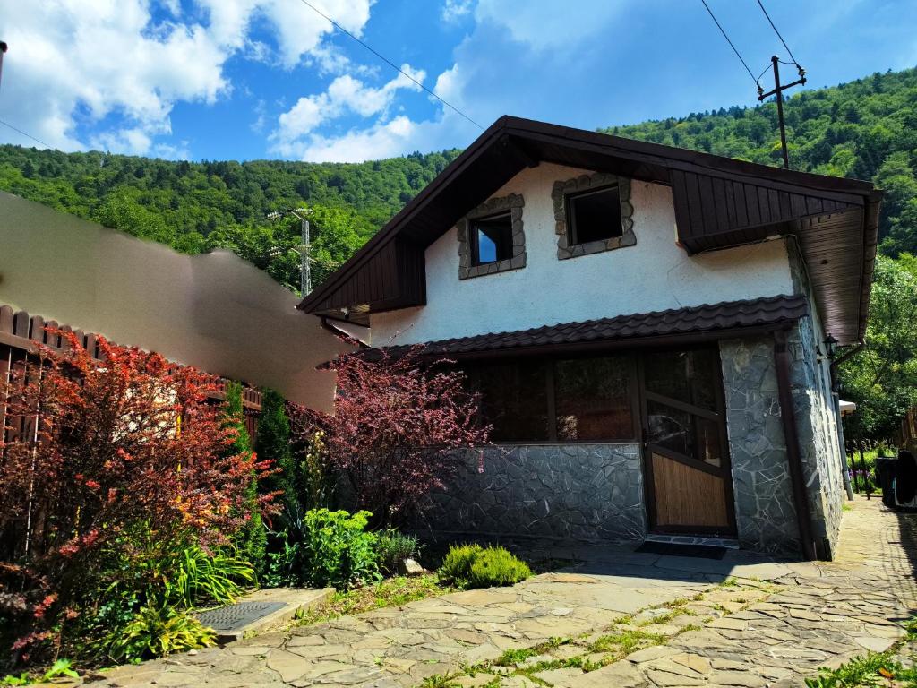 Una casa con un camino de piedra al frente. en Casa Crissio, en Sinaia