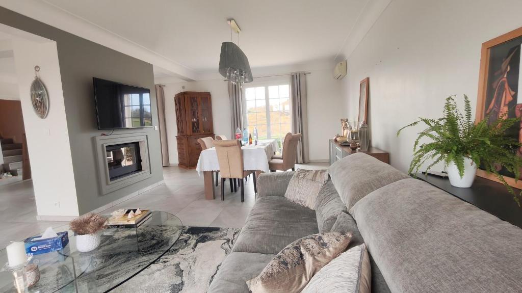 una sala de estar con un sofá y una mesa en Cosy Orchidée - Villa Élégance, Piscine & Pyrénées "5 étoiles", en Baigts-de-Béarn