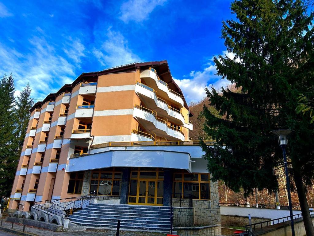 a tall building with stairs in front of it at Montana Inn Slănic Moldova in Slănic-Moldova