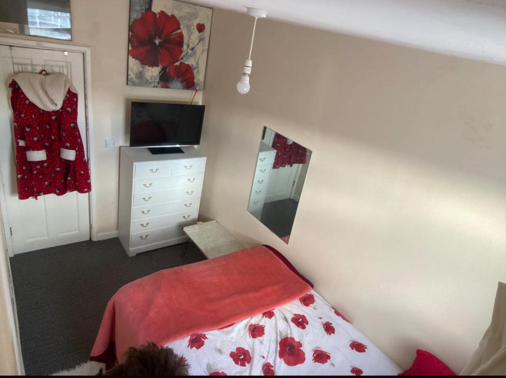 een slaapkamer met een bed, een ladekast en een spiegel bij Quiet Nest in Coventry