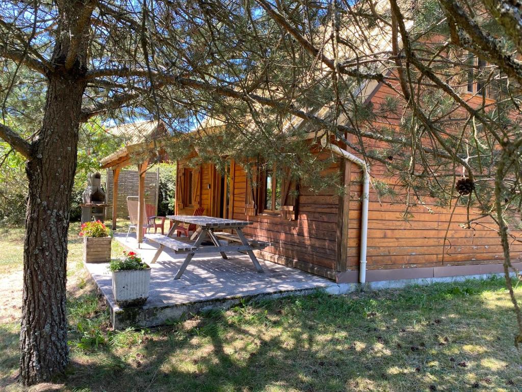 Cabaña de madera con mesa de picnic y árbol en Chalet de l empereur, en Ussel
