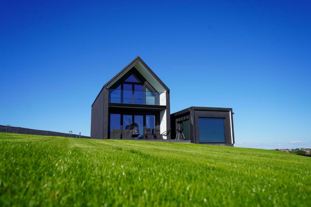 a house on top of a hill with green grass at Black barn in Rusinowo