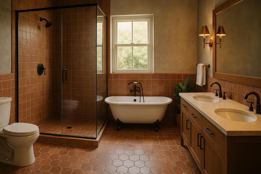 淡马鲁Barnyana Suite的带浴缸、淋浴和卫生间的浴室