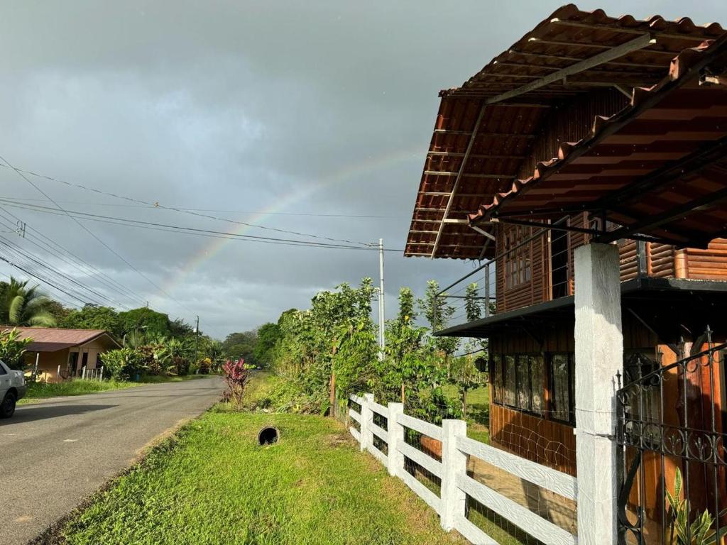 een hond die op het gras naast een huis zit bij Cabañas Retiro Del Rio in Guayabal