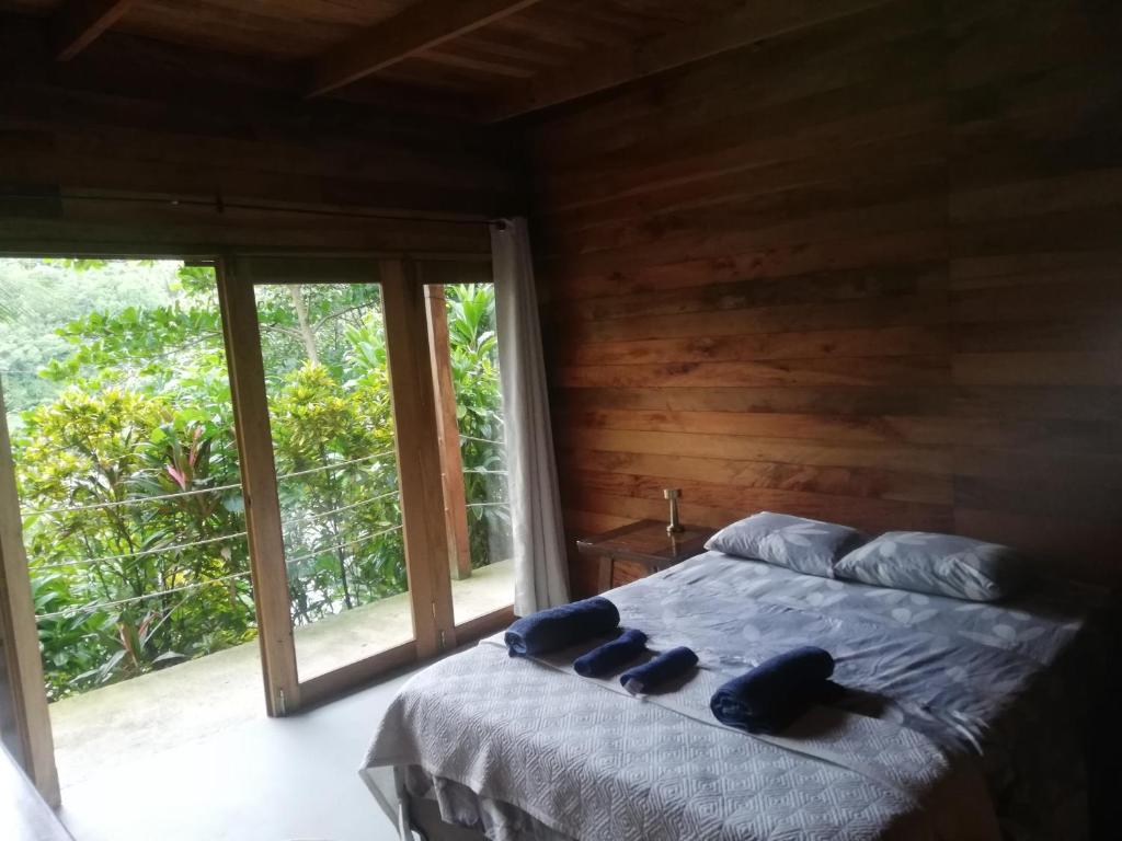 a bedroom with a bed with two blue pillows at casa colibri cañón de rio dulce in Lívingston