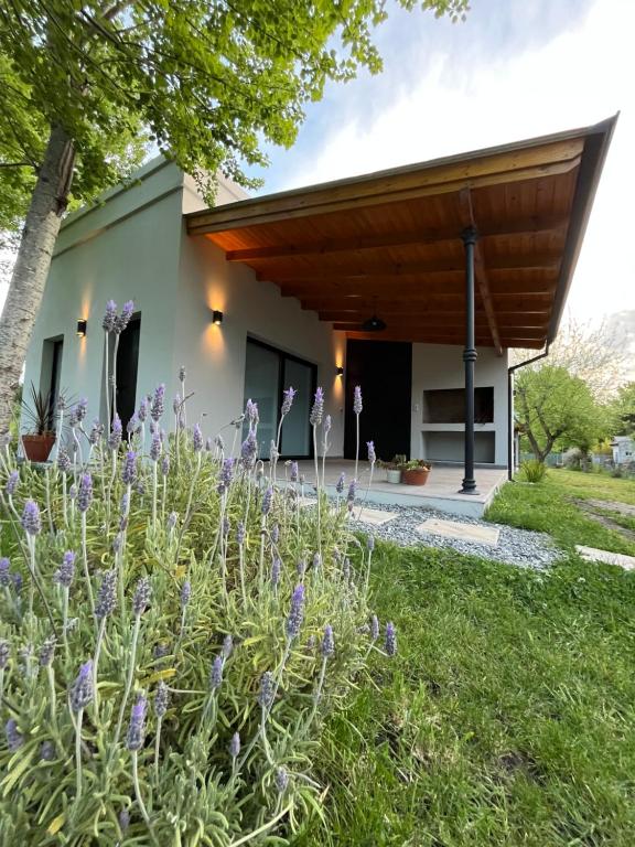 a garden with purple flowers in front of a building at La Elenita Tandil in Tandil