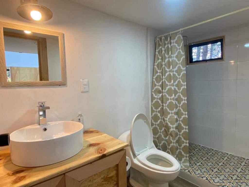 un bagno con lavandino, WC e specchio di BosqueCielo Cabañas Diseño Natural Arte Galeria a Huasca de Ocampo