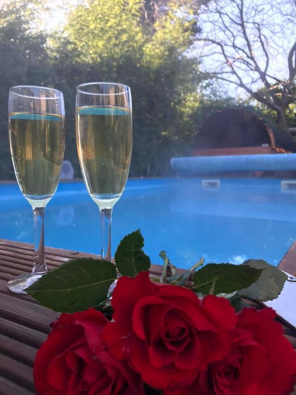 two glasses of champagne next to a bouquet of roses at Duplex 7 avec Spa Privé in Herstal