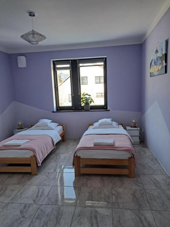 2 Betten in einem Zimmer mit lila Wänden in der Unterkunft Noclegi - Ostre Lipowa Żywiec Beskidy in Ostre