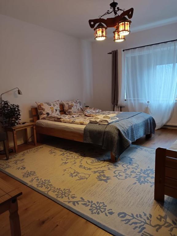 a bedroom with a bed and a large rug at Casa din Prund din Porumbacu de sus in Porumbacu de Sus