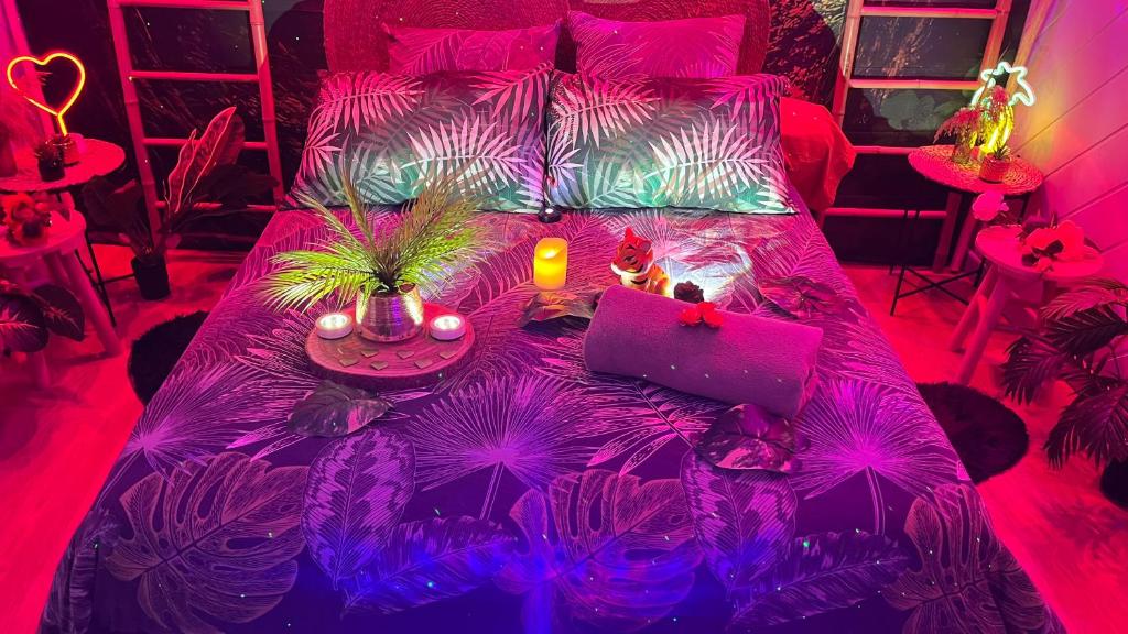 a purple bed with a cat laying on top of it at Un Mirage Tropical - Bulles , Spa & Détente en Bord de Loire in Saint-Clément-des-Levées