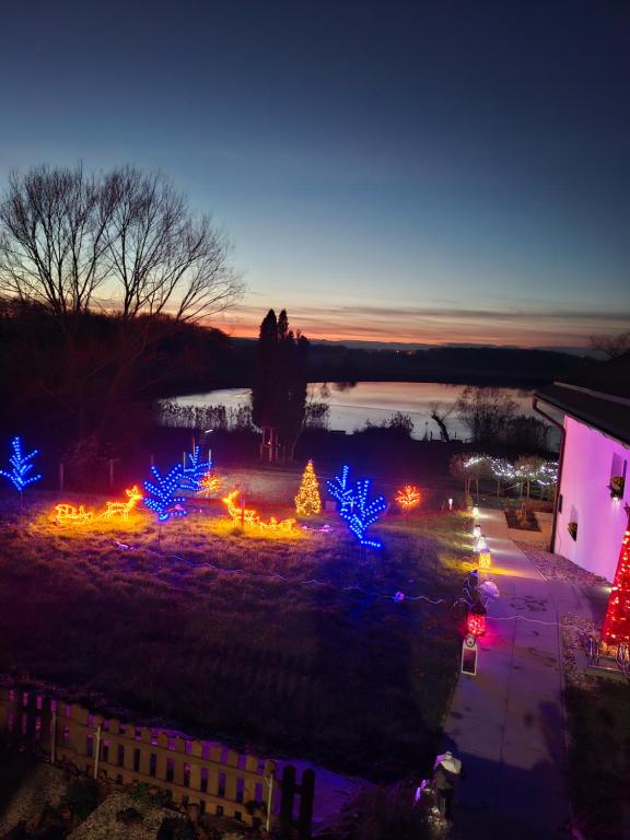 a yard decorated with christmas lights at night at Prenočišče ČERNOŠA Apartma Studio in Gradišče v Slovenskih Goricah