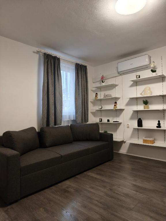 a living room with a brown couch and shelves at Casa Serena in Odorheiu Secuiesc