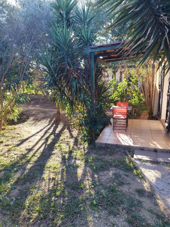 a patio with a red chair and palm trees at Studio Le Yuka entre Mer et Montagne in Montesquieu
